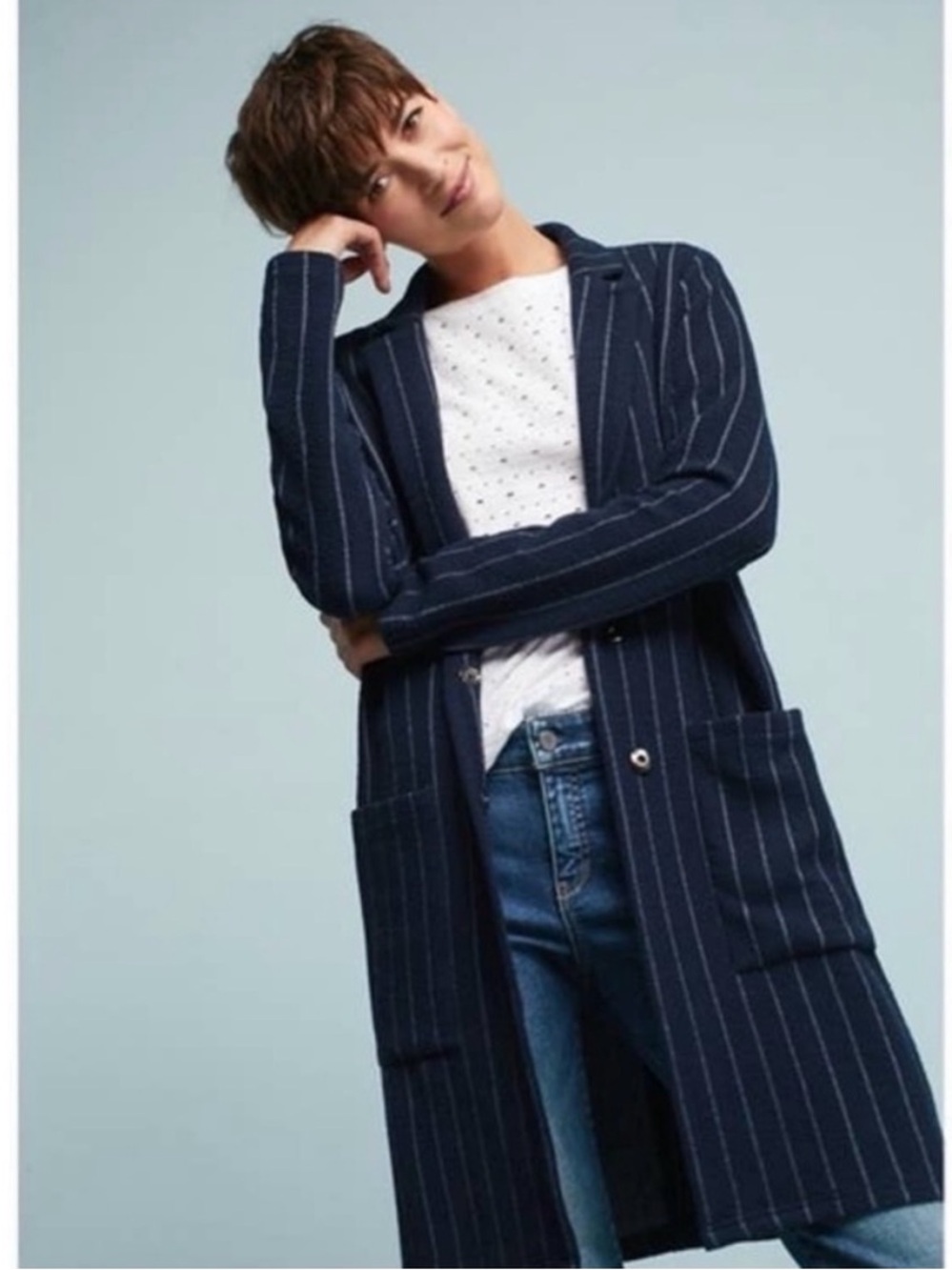 NWT Anthropologie Harlyn Navy Pinstripe Open-Front Coat - Picture 2 of 12